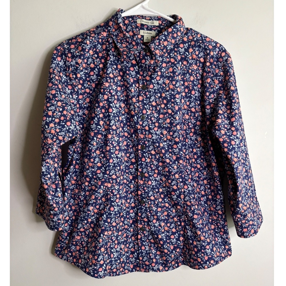 L.L. Bean Blue Floral Button Down Shirt Womens Size M Petite